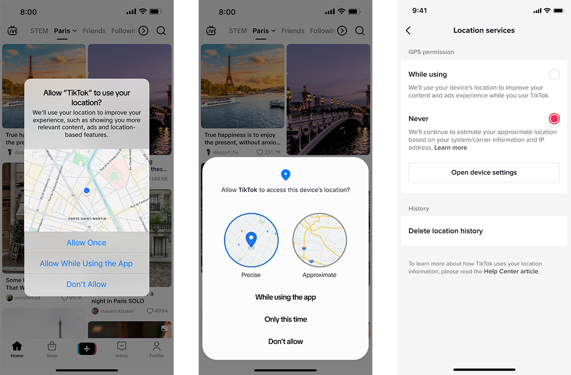 Abbildung eines Pop-up-Hinweises in der TikTok App, der über den Zugriff auf GPS-Standortdaten informiert.